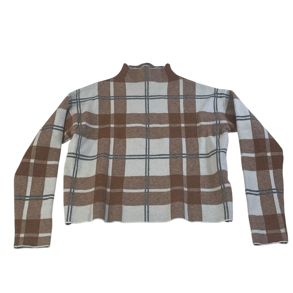Tahari Cropped Plaid Mock Neck Knit Sweater Brown/Rust Neutral Size M